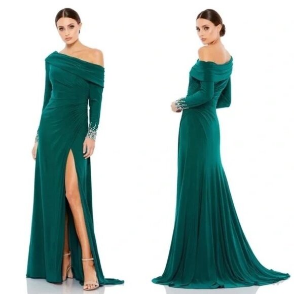 MAC DUGGAL Maxi Gown Dress Green Beaded Cuff Off Shoulder Jersey Stretch Size 4